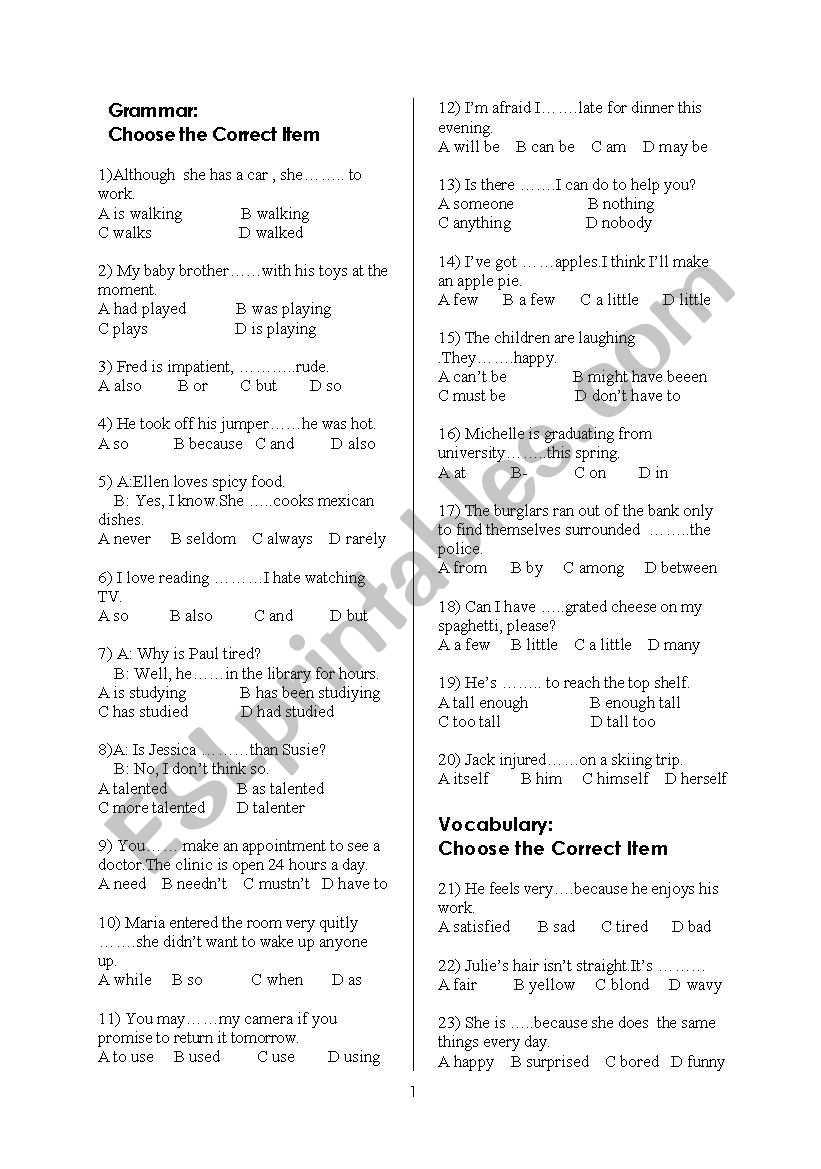 grammar test,exam worksheet