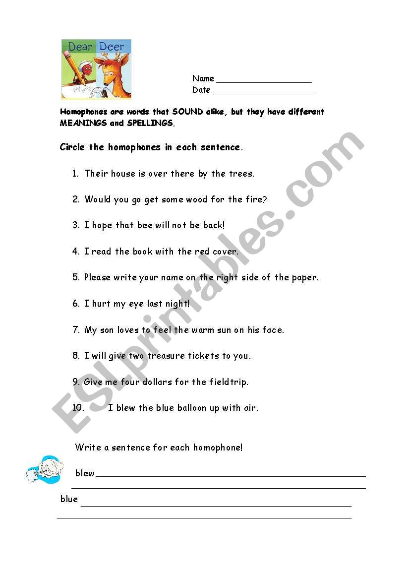 Homophones Practice worksheet
