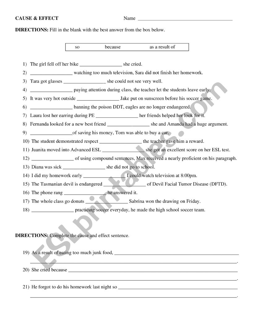 cause and effect worksheet