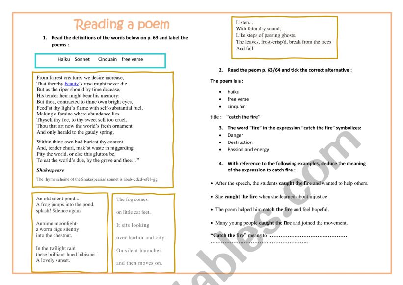 3rd form: reading a poem worksheet