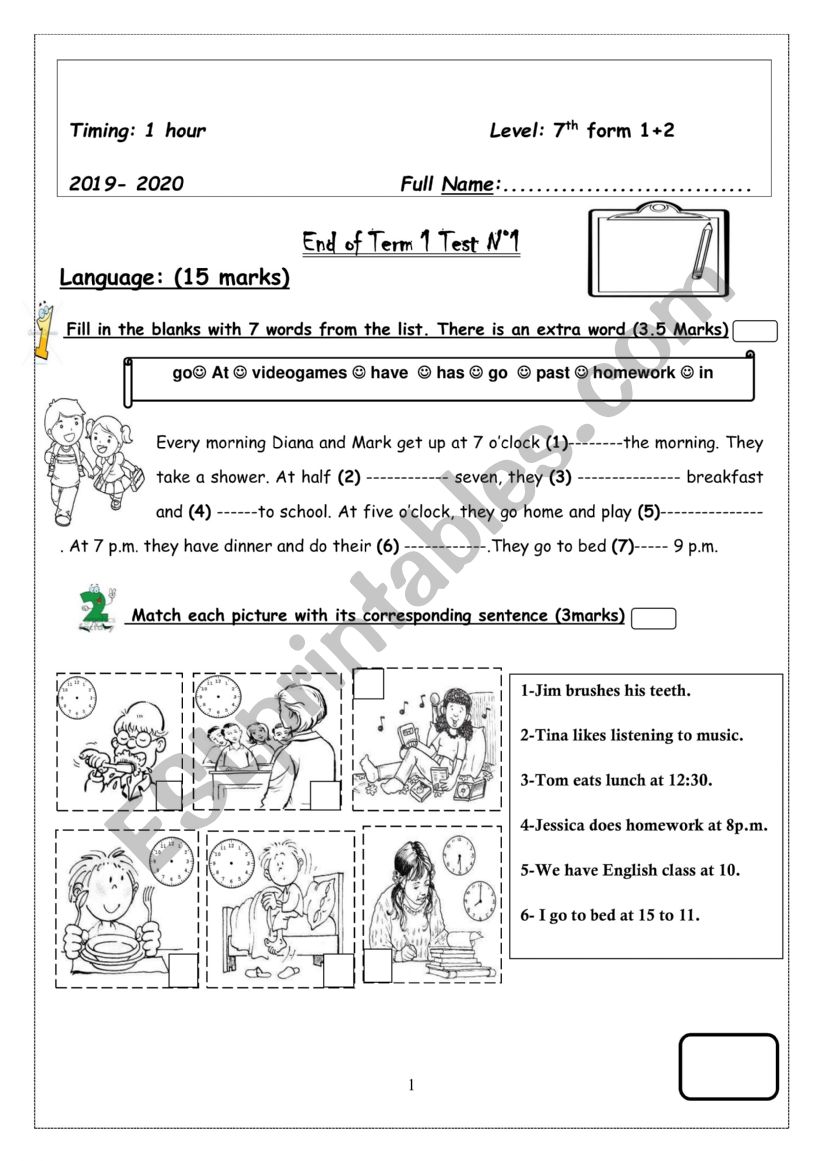 end of term test 7th form - ESL worksheet by yosra othmani