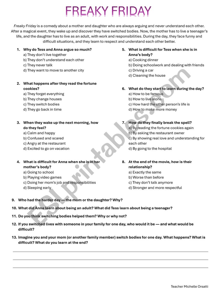 Freaky Friday Movie Activity worksheet