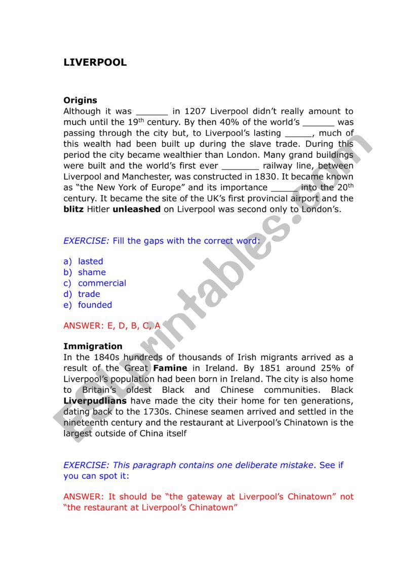 British Cities: Liverpool worksheet