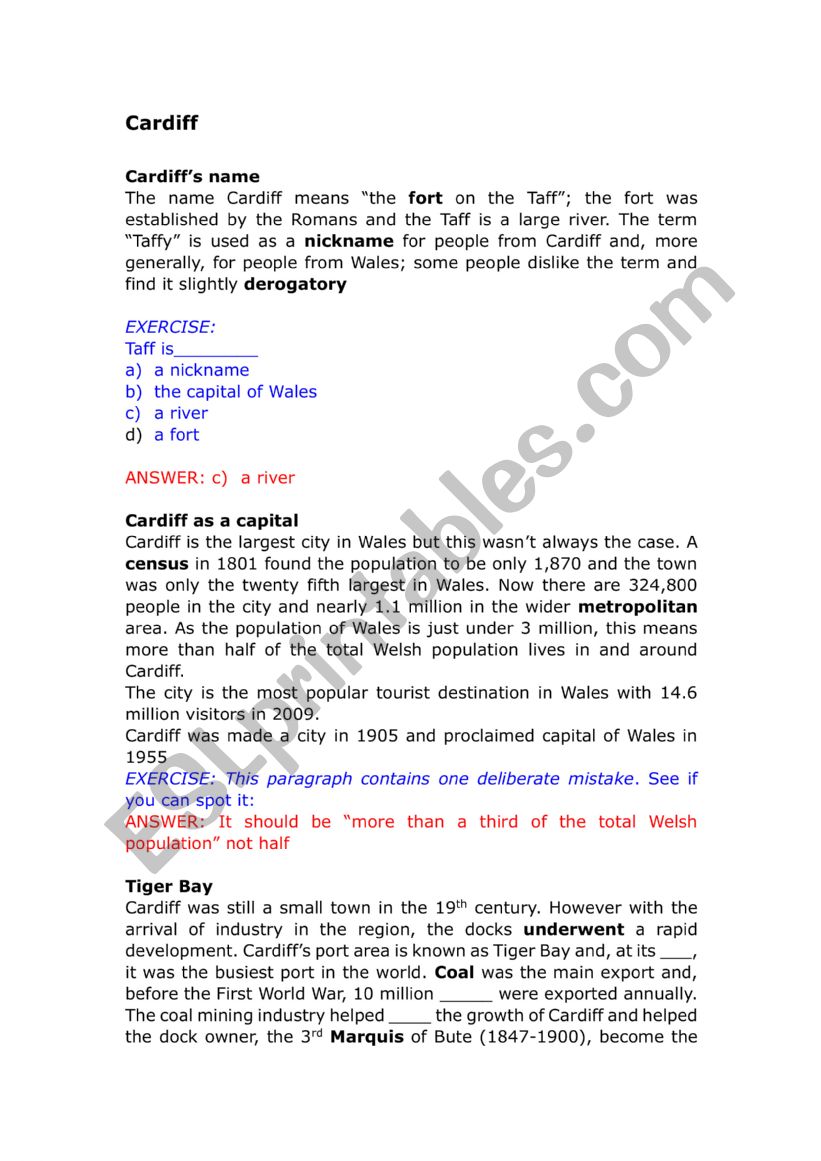 British Cities 3: Cardiff worksheet