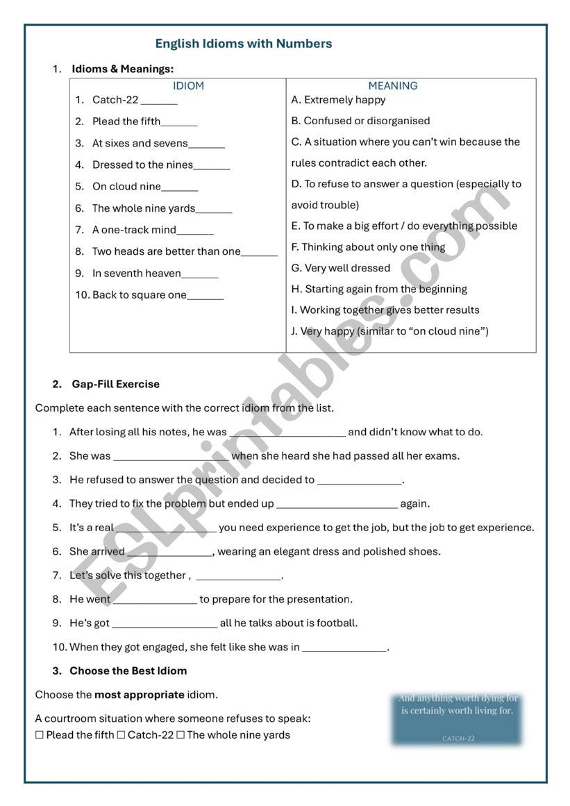 English idioms with numbers worksheet