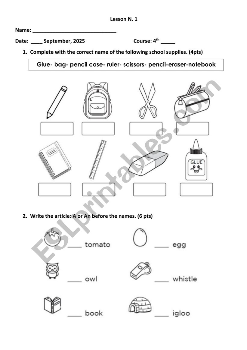 School Supplies and Articles worksheet