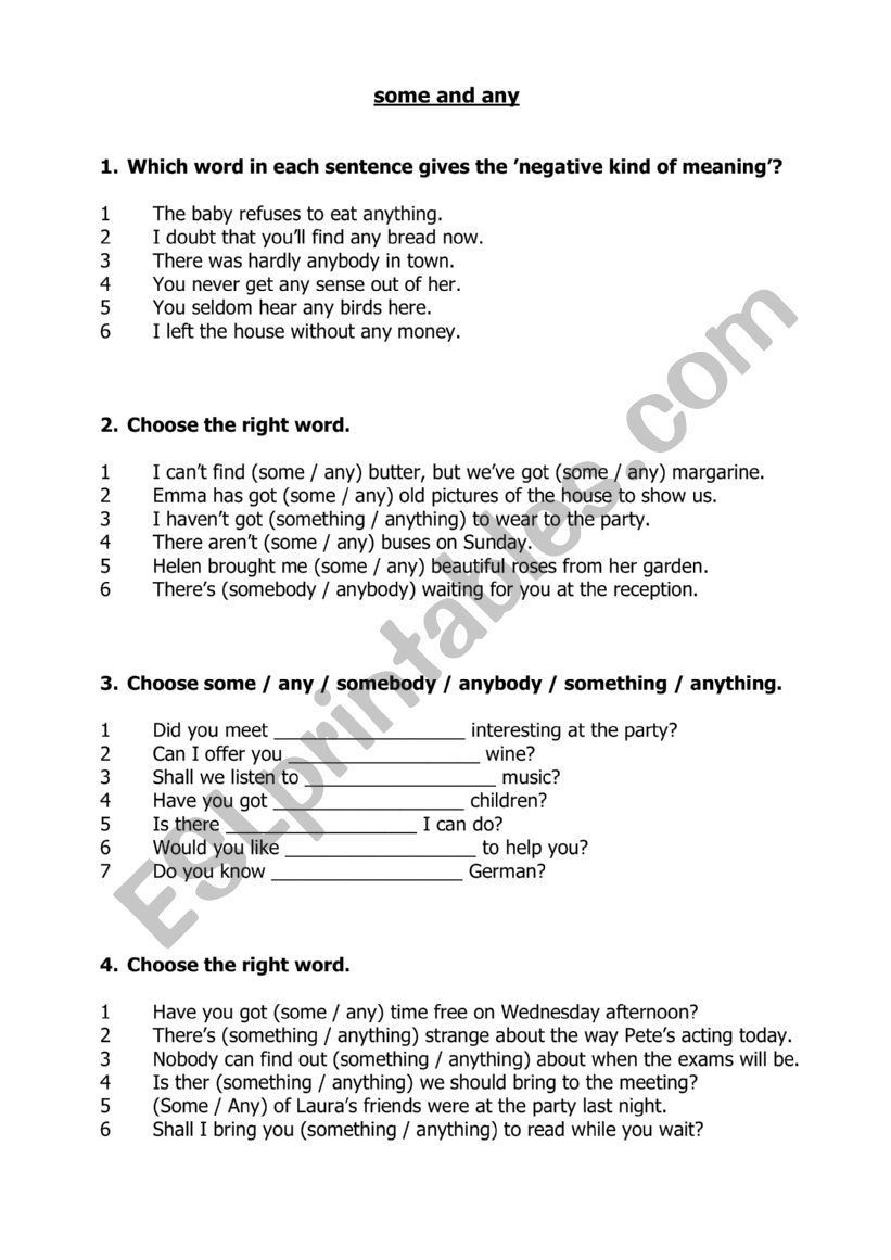 Some and any worksheet