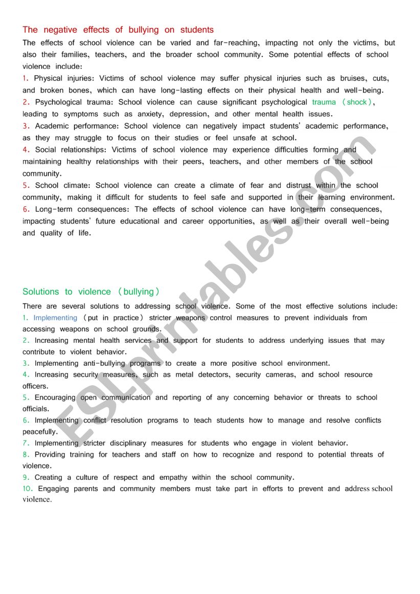 school violence worksheet
