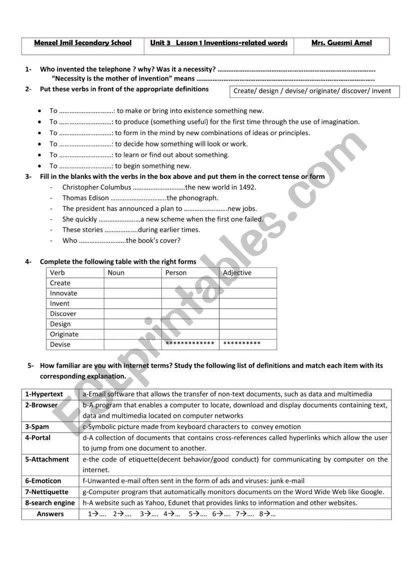 unit three Lesson One worksheet