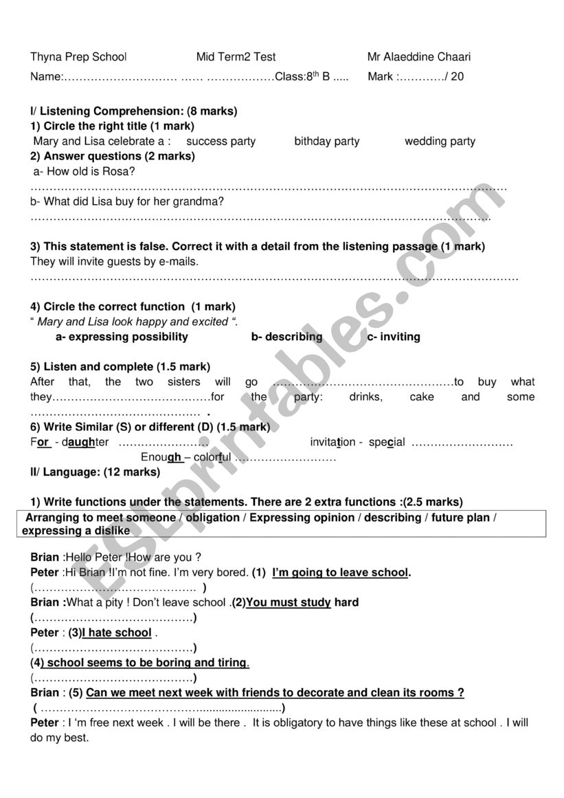 Mid term test n2 worksheet