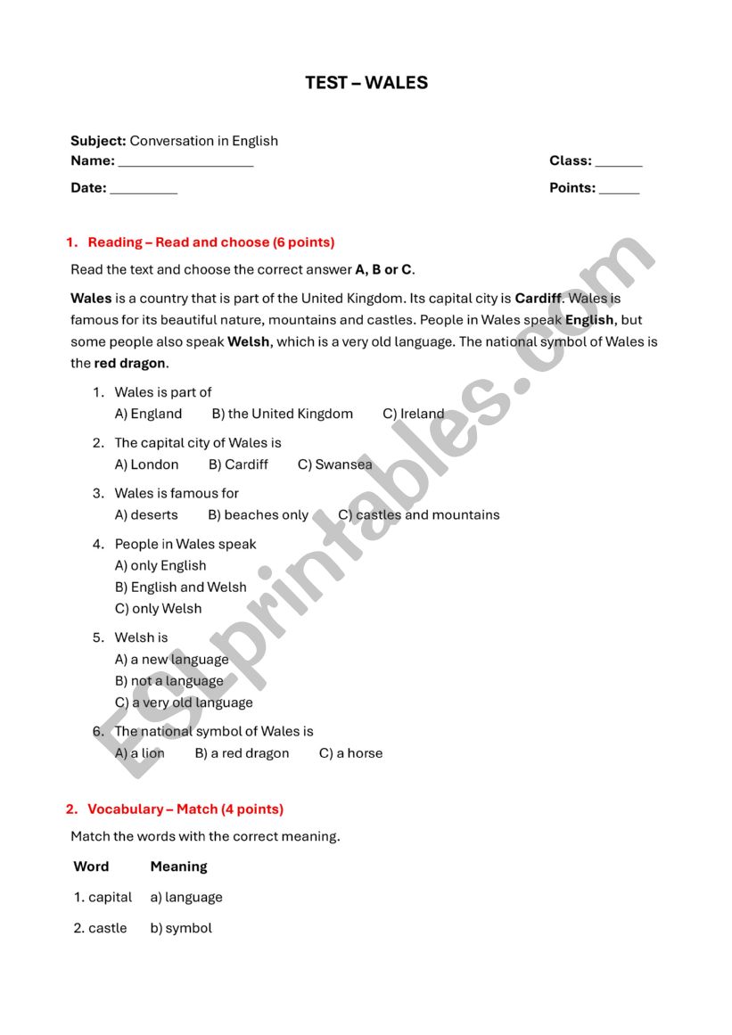 Wales - test worksheet