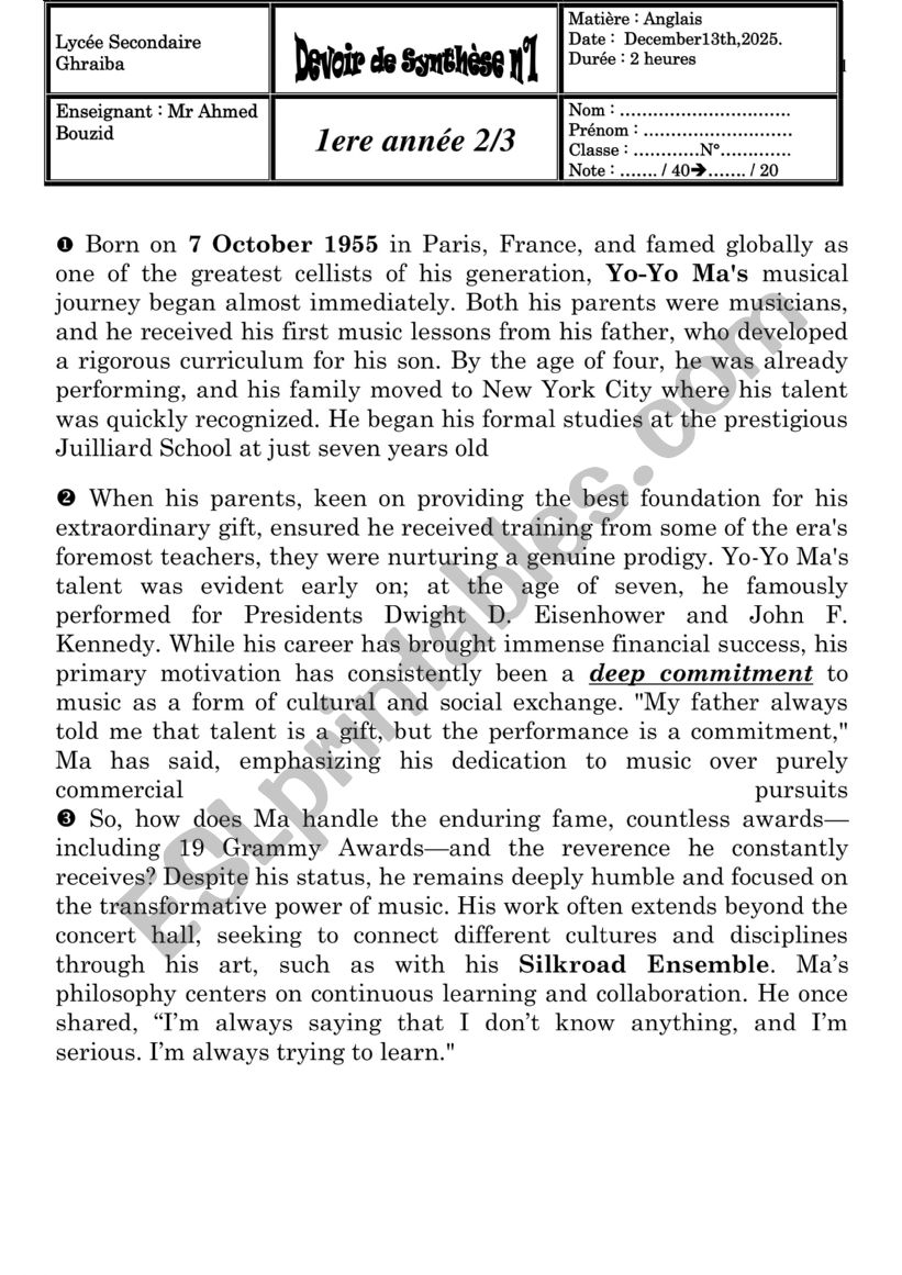 Test 1st form worksheet