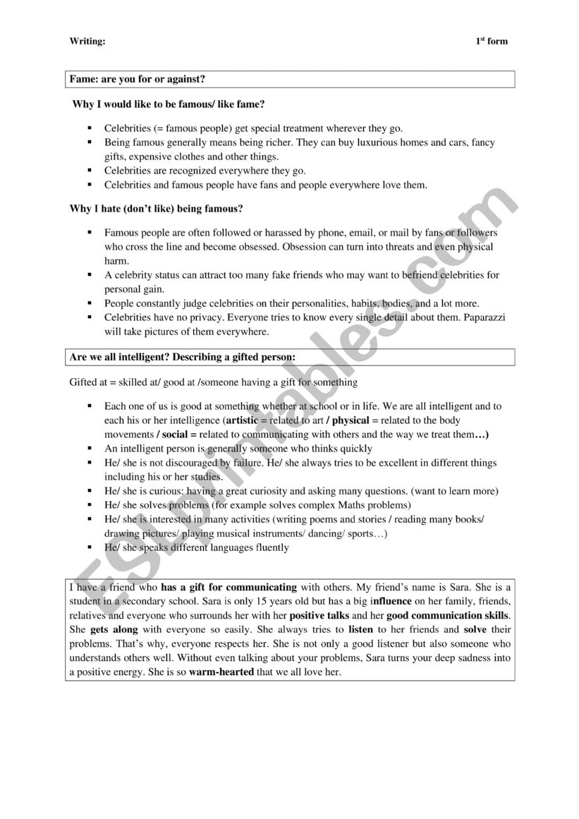 about fame and intelligence  worksheet