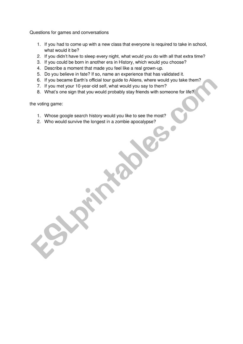 Questions for conversations worksheet