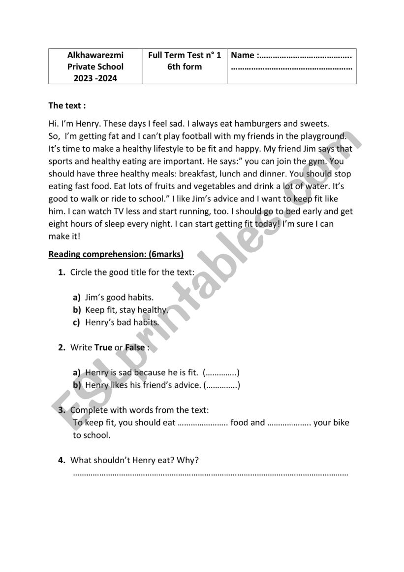 6th exam worksheet