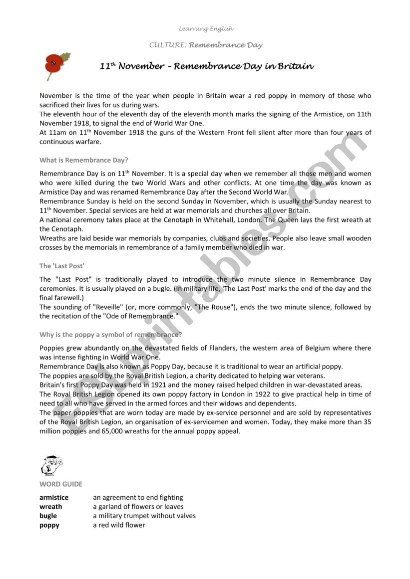 Remembrance Day in Britain worksheet