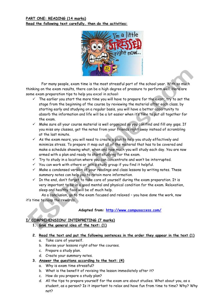 Stress in exams worksheet
