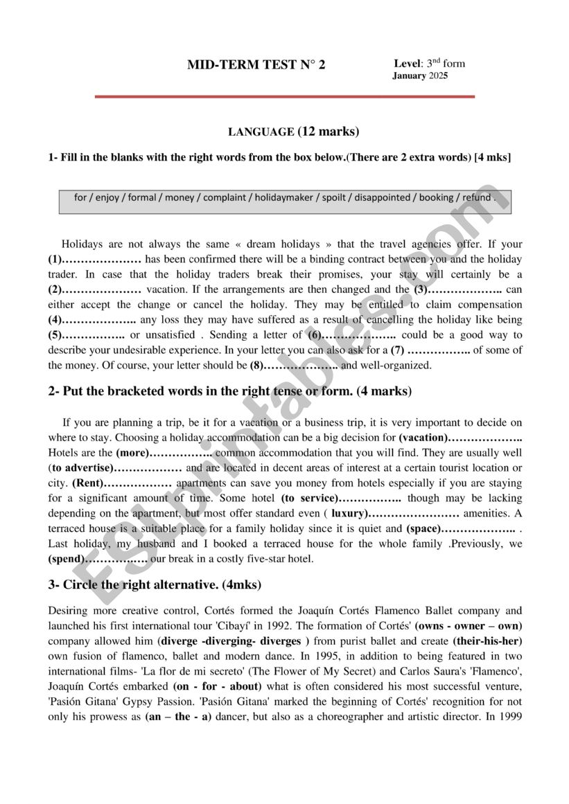 Mid-term test 2 3rd form - ESL worksheet by amouri