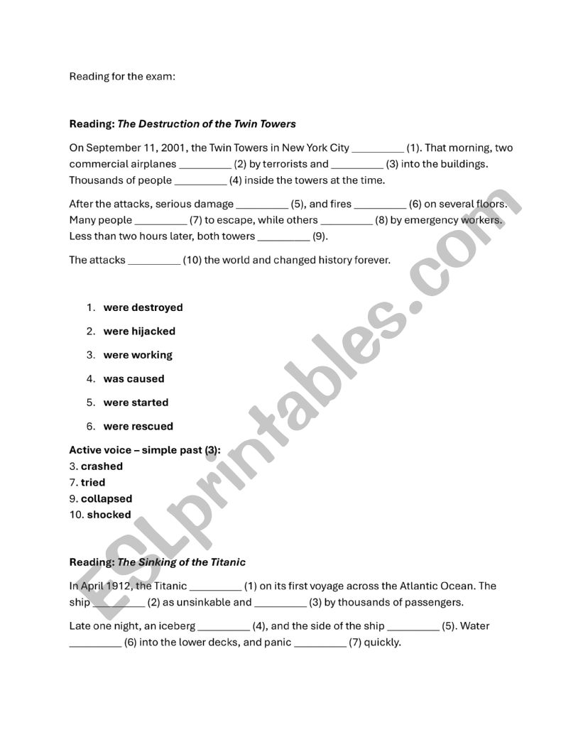 Reading passive past voice  worksheet