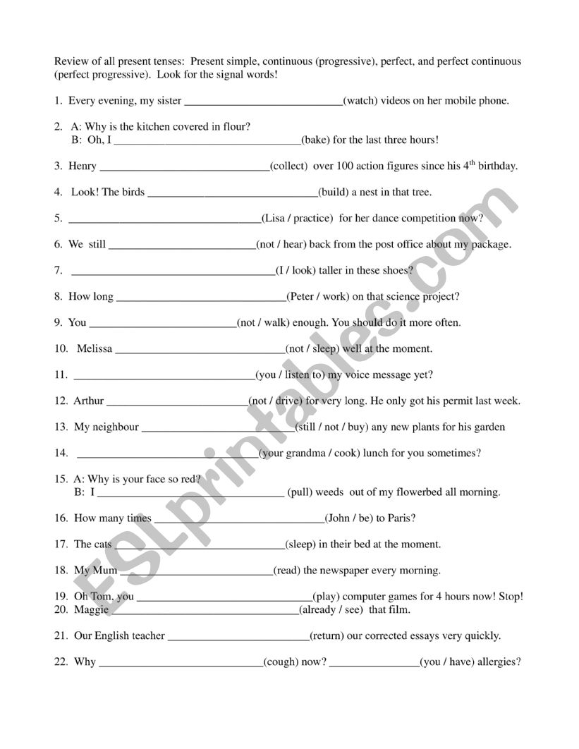 Review of all present tenses worksheet