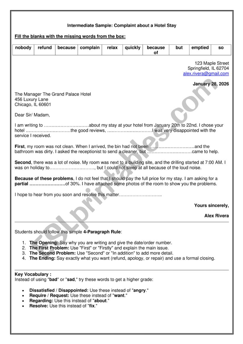 A letter of complaint worksheet