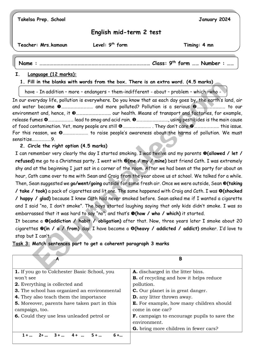 mid term test 2 9 th form worksheet