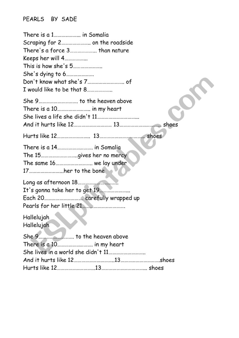 song Pearls by Sade worksheet