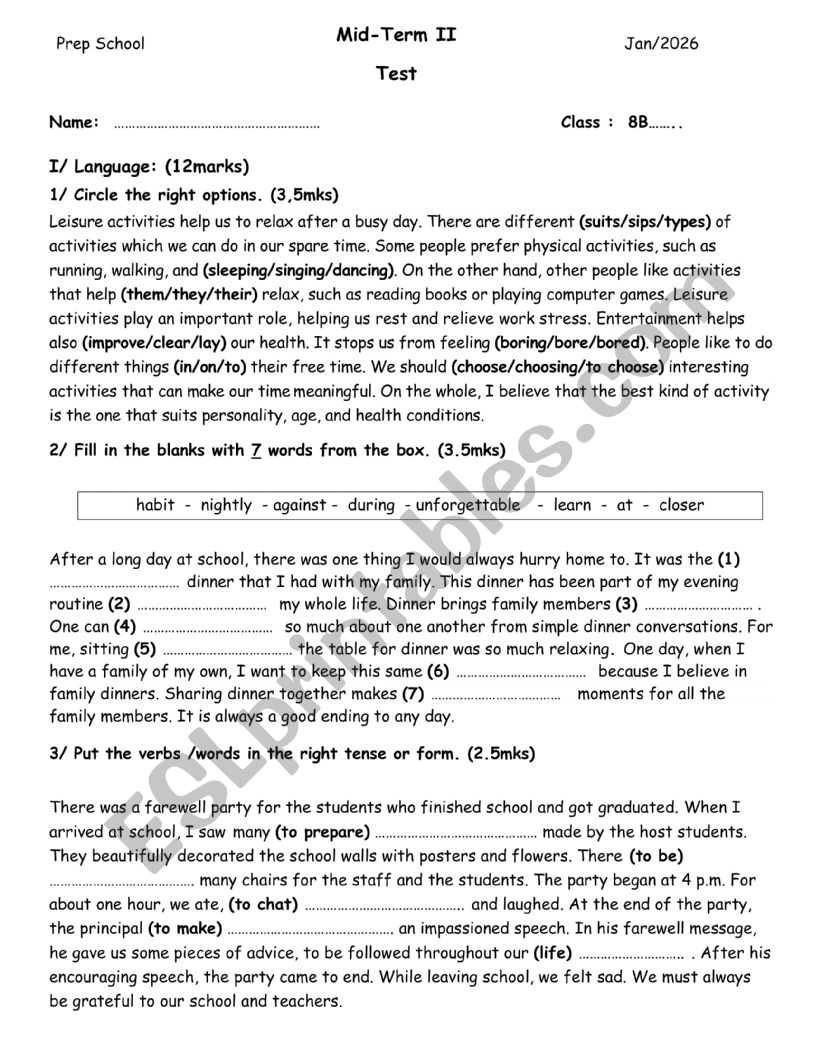8th Mid Term II Test worksheet