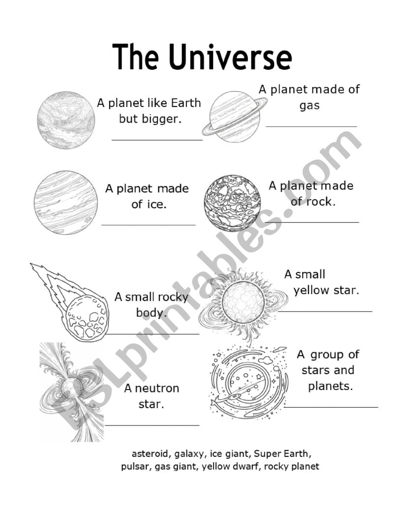 Objects in the Universe worksheet