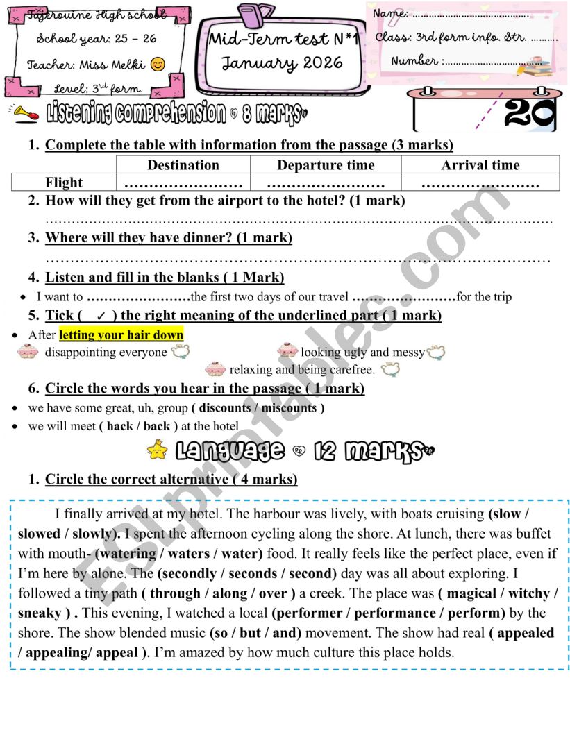 3rd form exam mid term test 2 worksheet