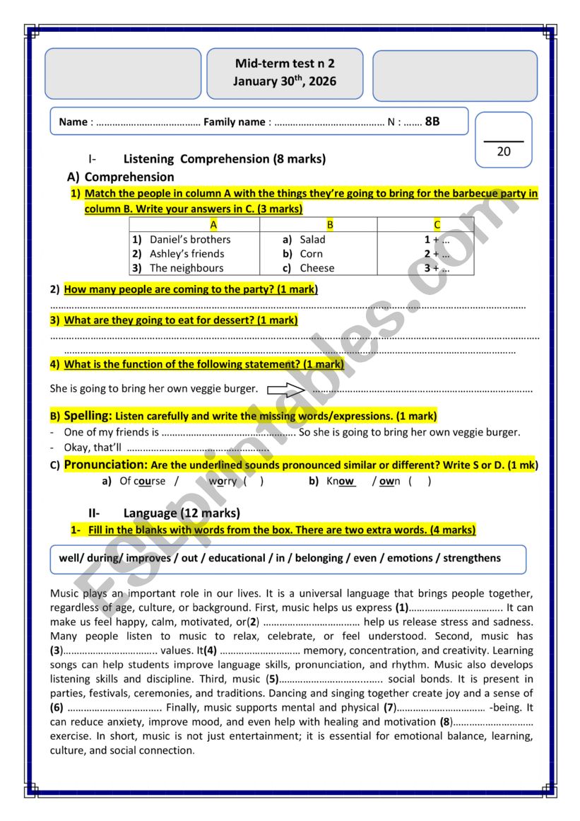 mid term test 2 8th grade worksheet