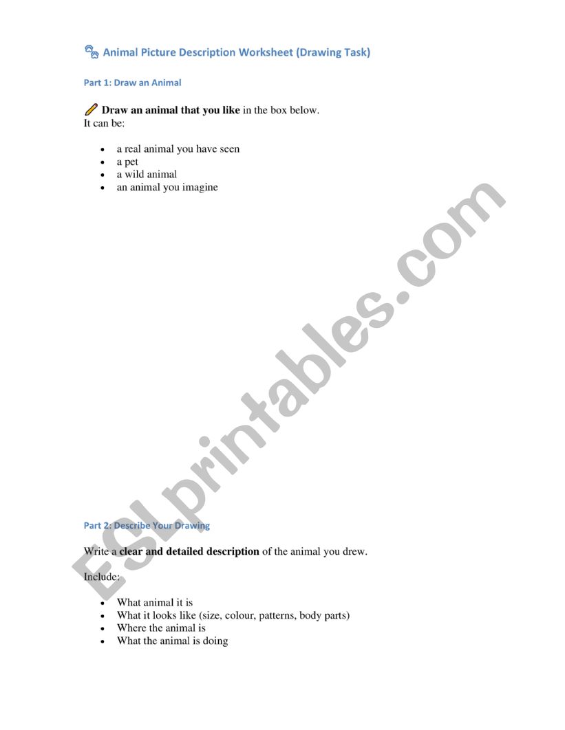 Animal description  worksheet