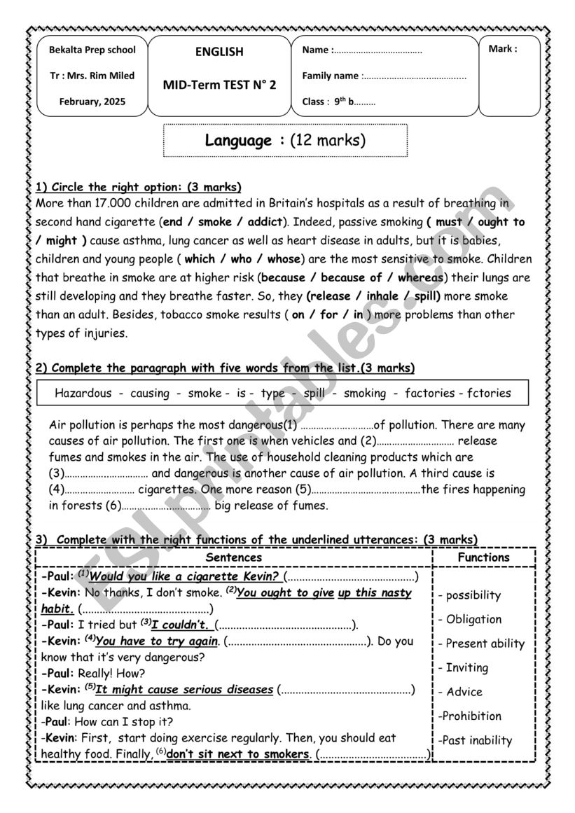 Mid-term 2 test 9th form worksheet