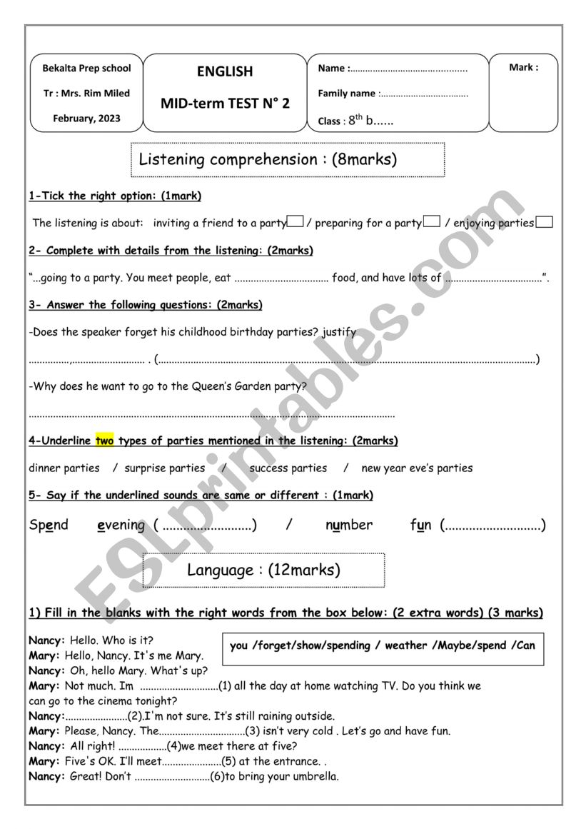 midterm 2 test -8th form-2023 worksheet