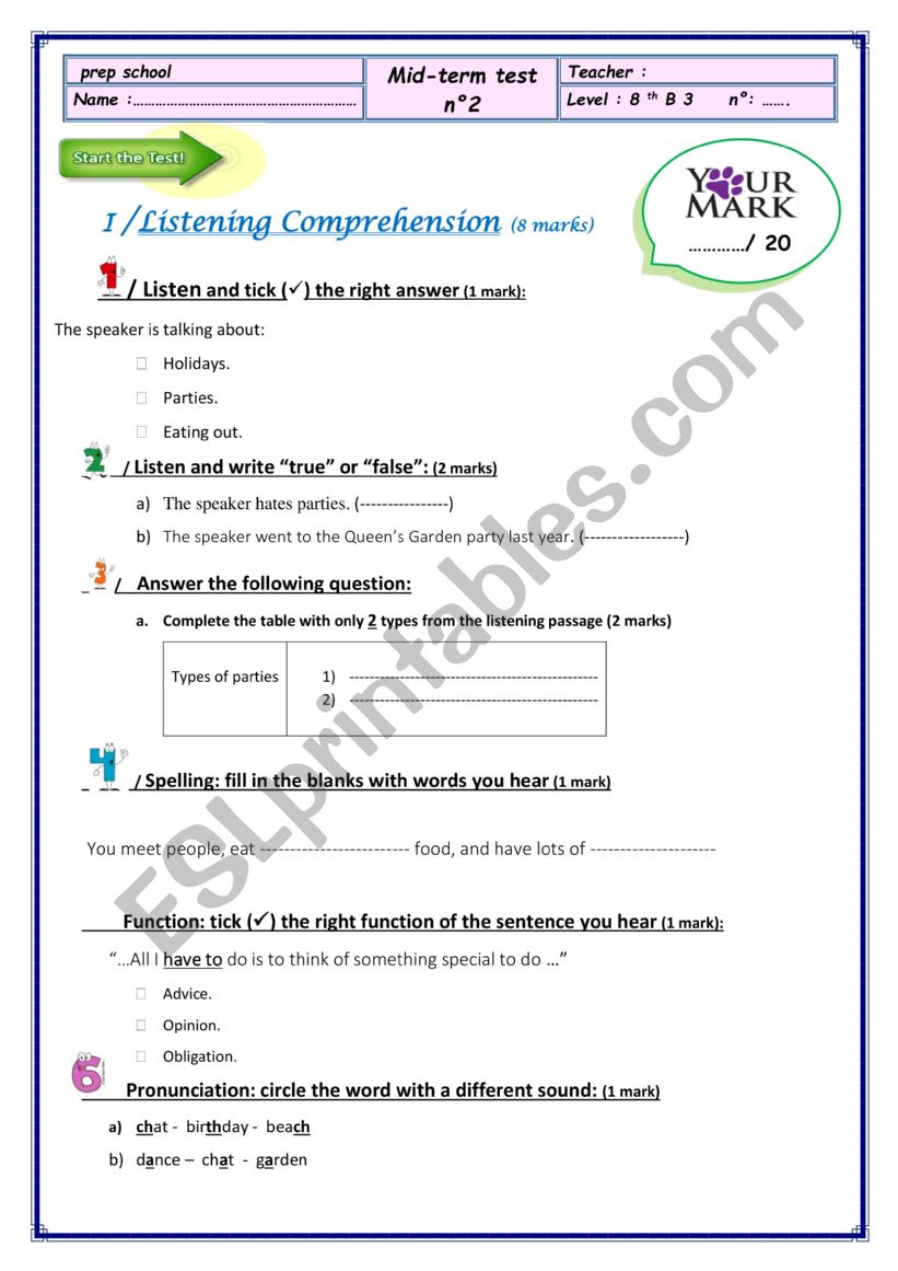 Mid term test n2 8th form Tunisian schools