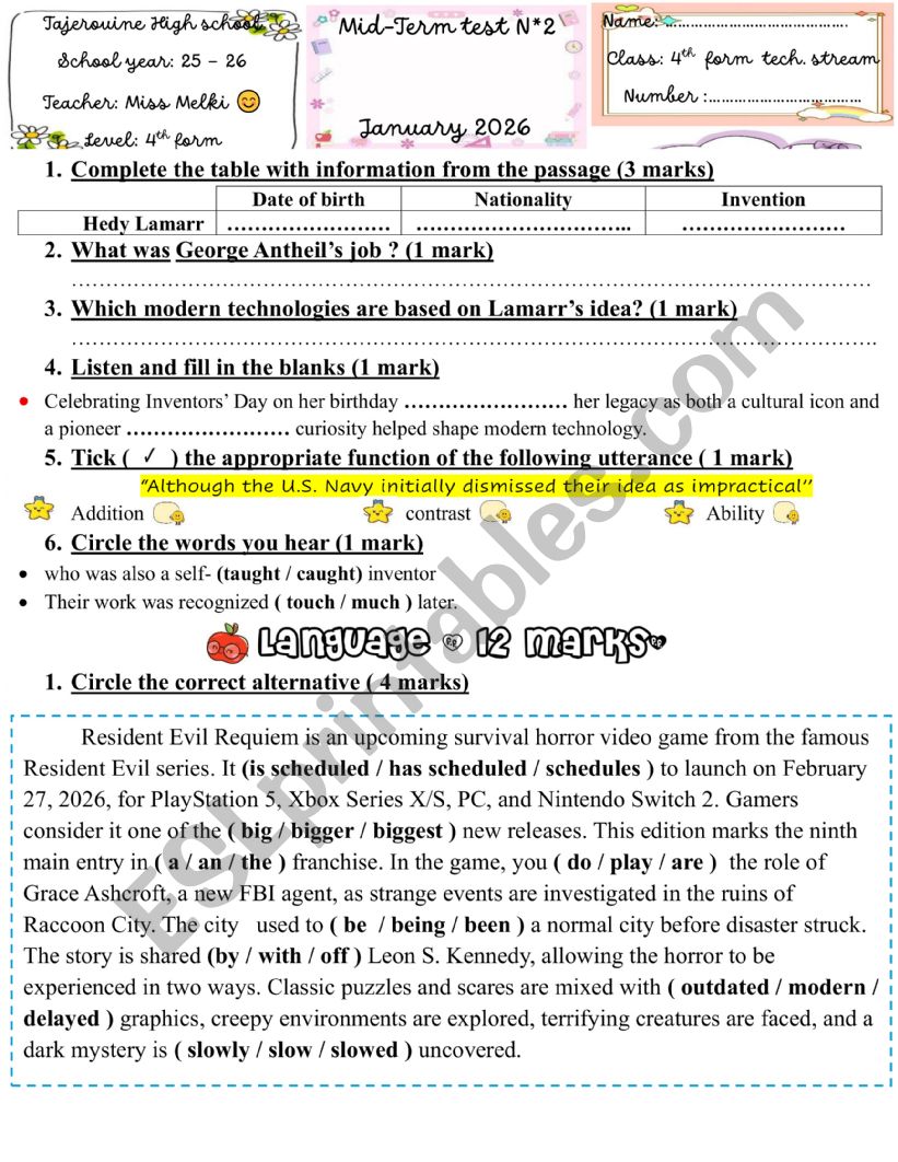 4th form mid term test 2 - ESL worksheet by English-teacher 38