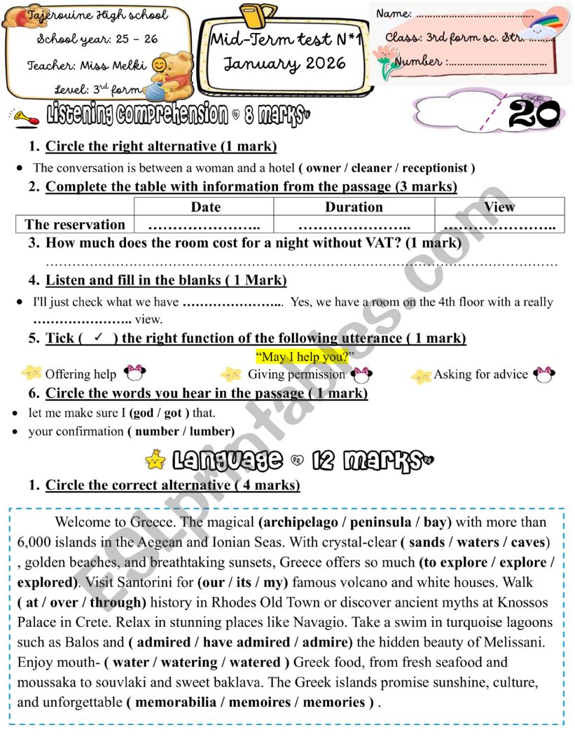 3rd form mid term test 2 worksheet
