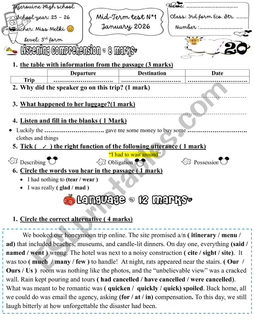 3rd form mid term test 2 - ESL worksheet by English-teacher 38