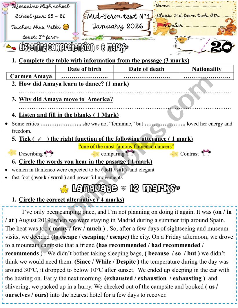 3rd form mid term test 2 worksheet