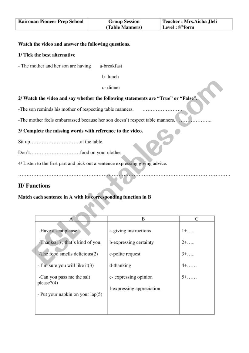 table manners group session worksheet