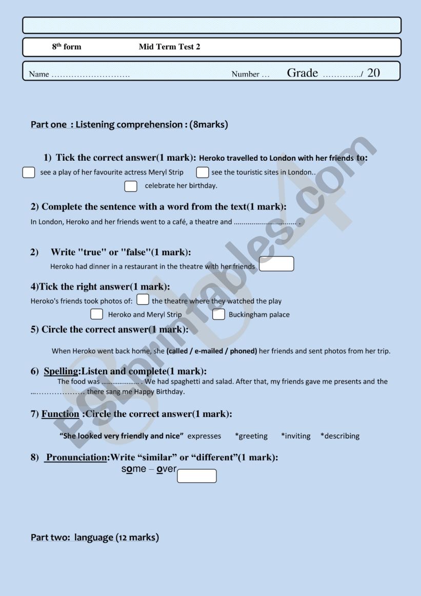 Mid term test 2 8 th grade - ESL worksheet by riadhriadh