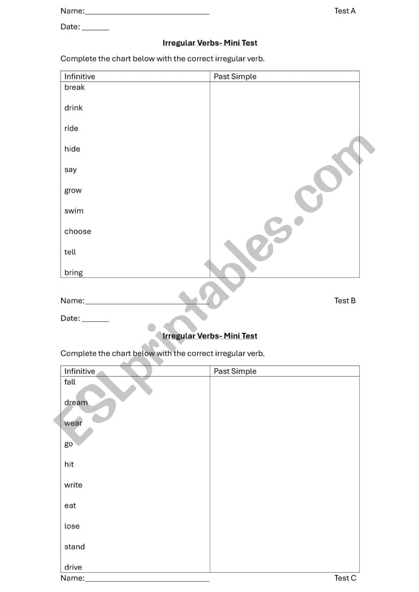 Irregular Verbs Mini- Test worksheet