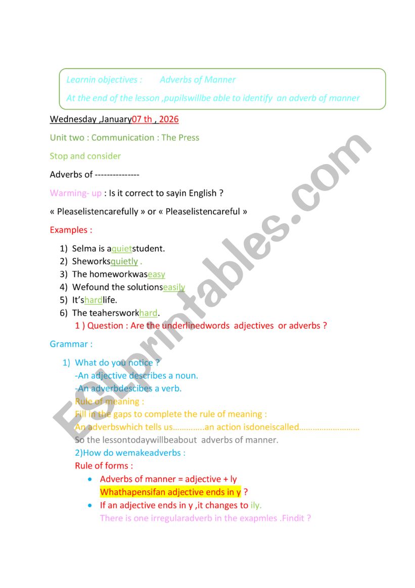 adverbs of manner worksheet