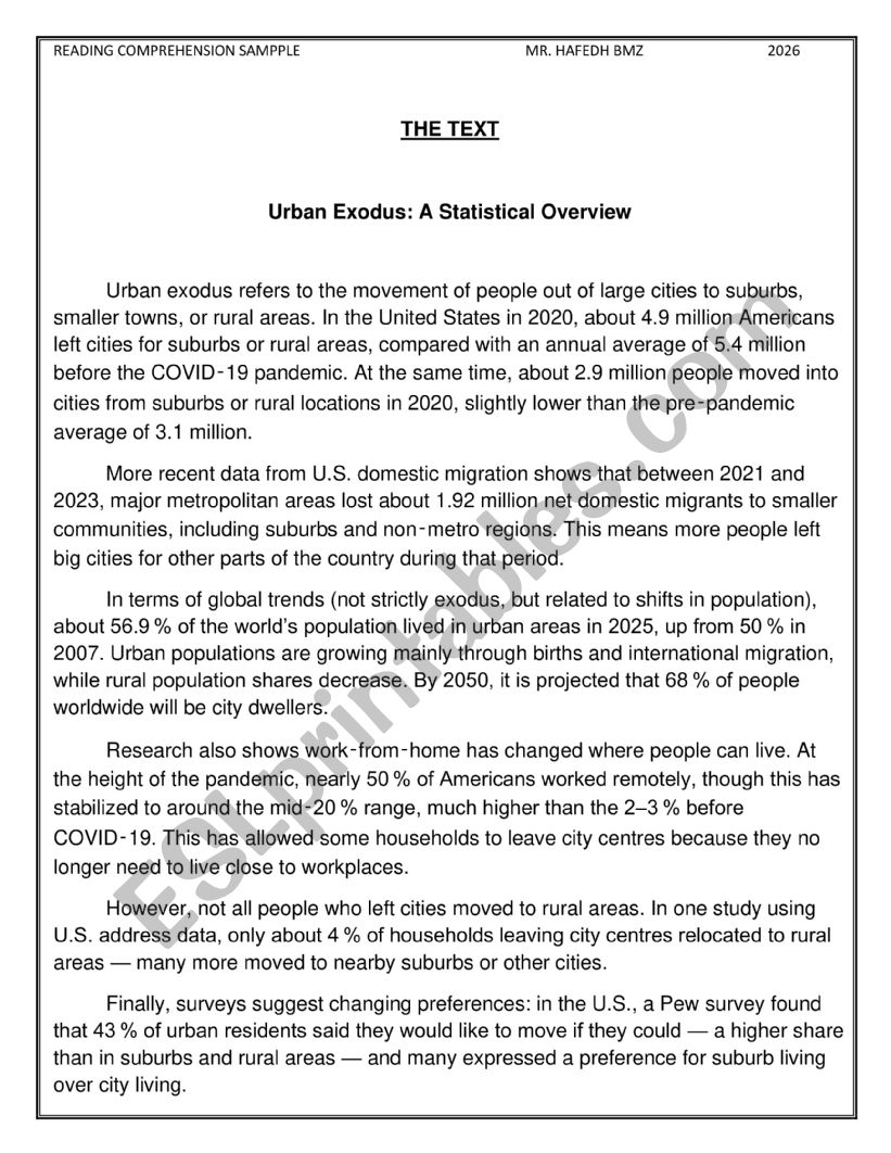 READING COMPREHENSION SAMPLE  : Urban Exodus 