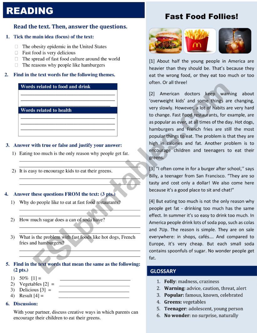 Reading, fast food  worksheet