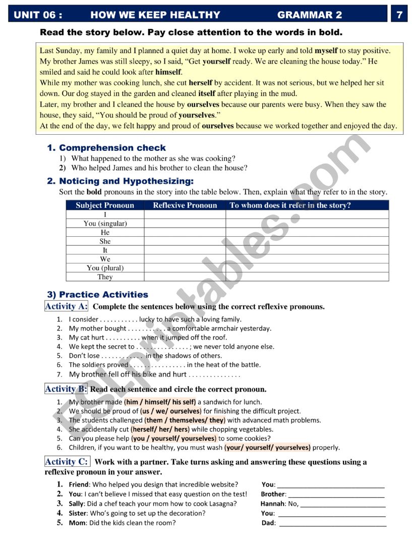 Reflexive pronouns  worksheet