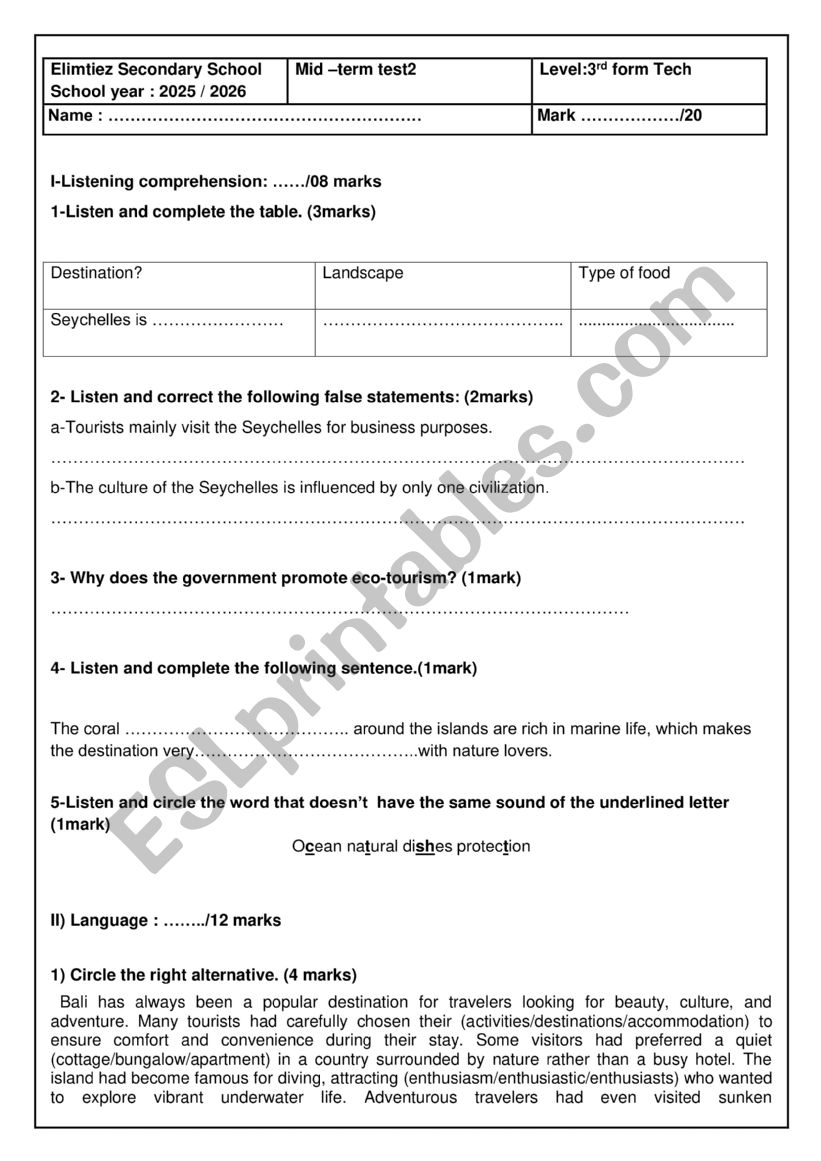 Mid term test worksheet