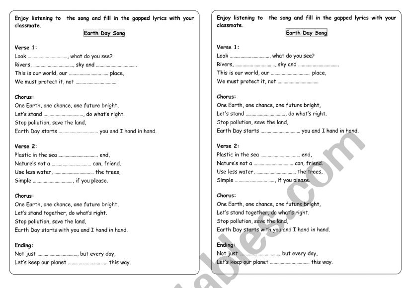EARTH DAY SONG LYRICS worksheet