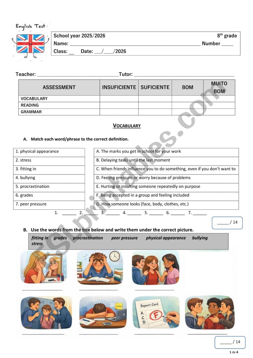 Test about Teen issues: vocabulary exercises; reading comprehension; grammar - linking words and order f adjectives