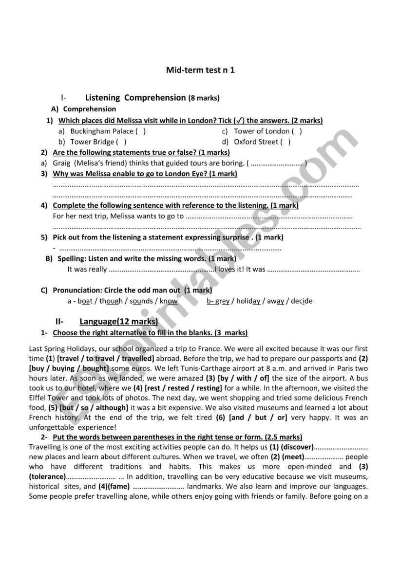 mid term test 1 8th grade worksheet